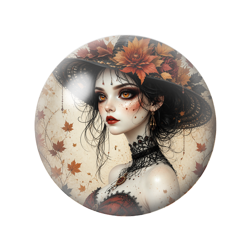 Cabochon en Verre Illustré Sorcière d’Automne au Chapeau Fleuri 12 à 25mm