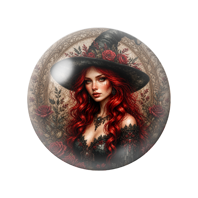 Cabochon en Verre Illustré Sorcière Rousse aux Roses Rouges 12 à 25mm