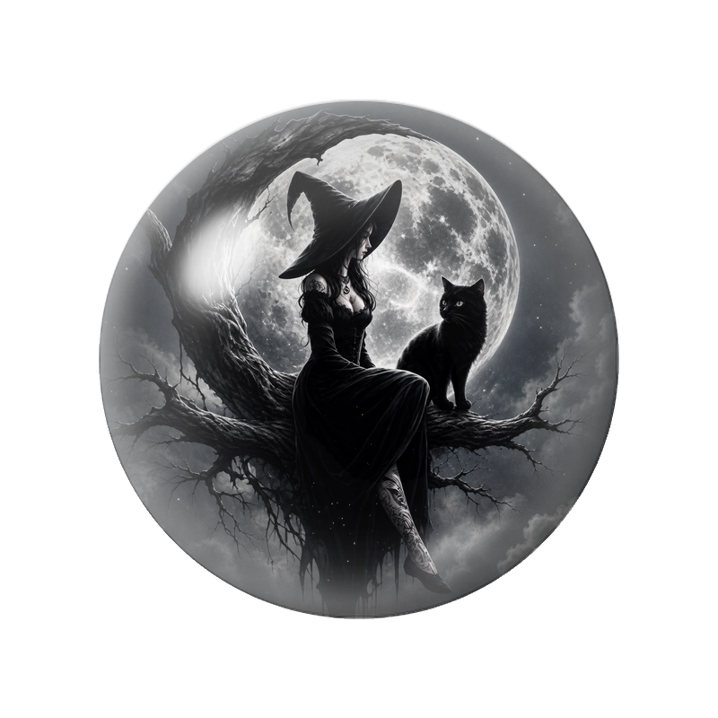 Cabochon en Verre Illustré Sorcière et Chat sur l’Arbre 12 à 25mm