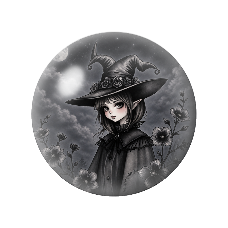 Cabochon en Verre Illustré Jeune Sorcière au Chapeau Fleuri 12 à 25mm