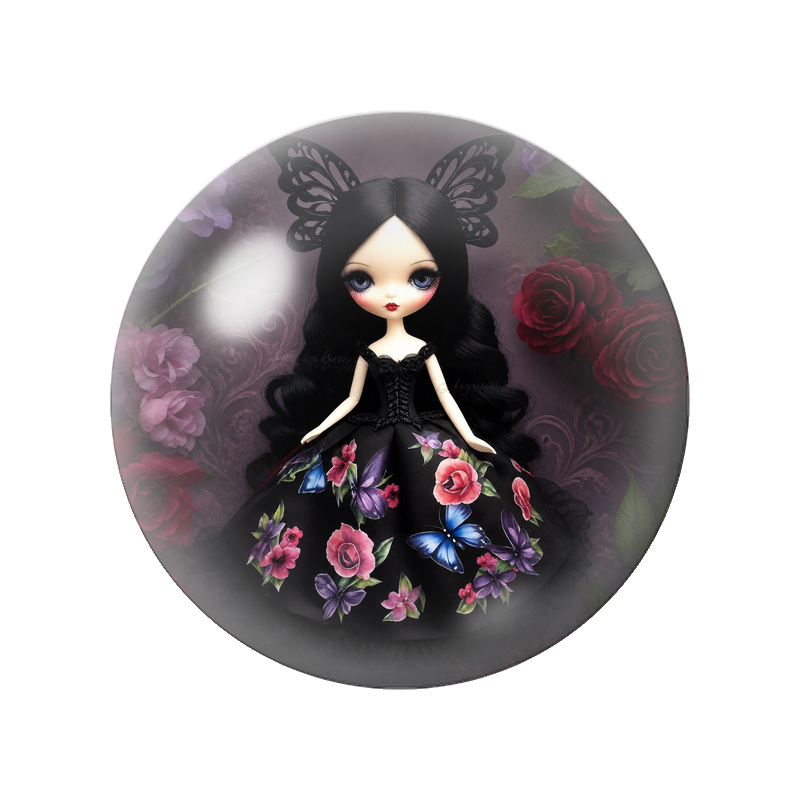 Cabochon en Verre Illustré Poupée Gothique aux Roses et Papillons 12 à 25mm