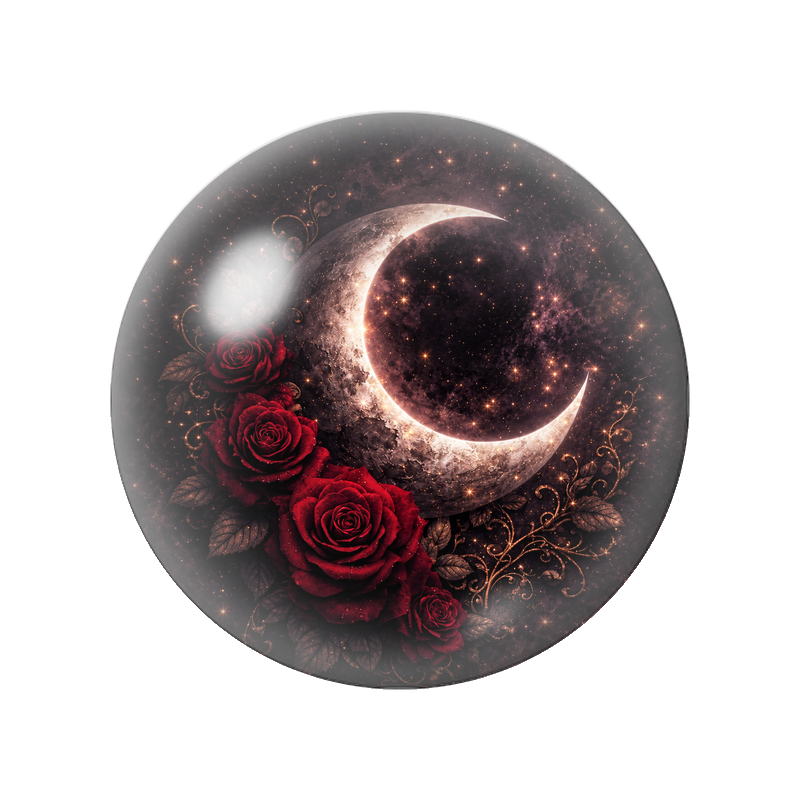 Cabochon en Verre Illustré Croissant de Lune aux Roses Rouges 12 à 25mm