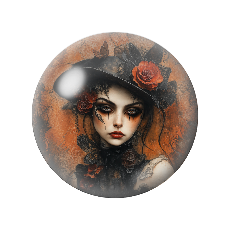 Cabochon en Verre Illustré Sorcière Gothique aux Roses Orange 12 à 25mm