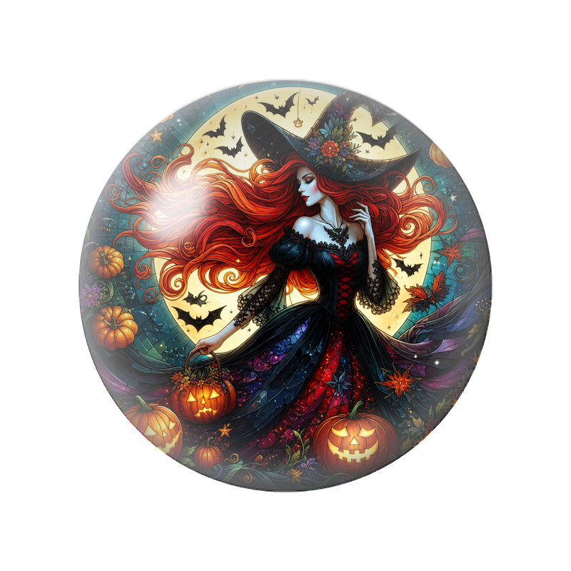 Cabochon en Verre Illustré Sorcière Rousse aux Citrouilles d’Halloween 12 à 25mm