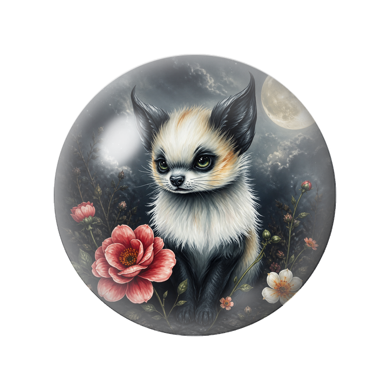Cabochon en Verre Illustré Chaton Fantastique aux Fleurs Roses 12 à 25mm