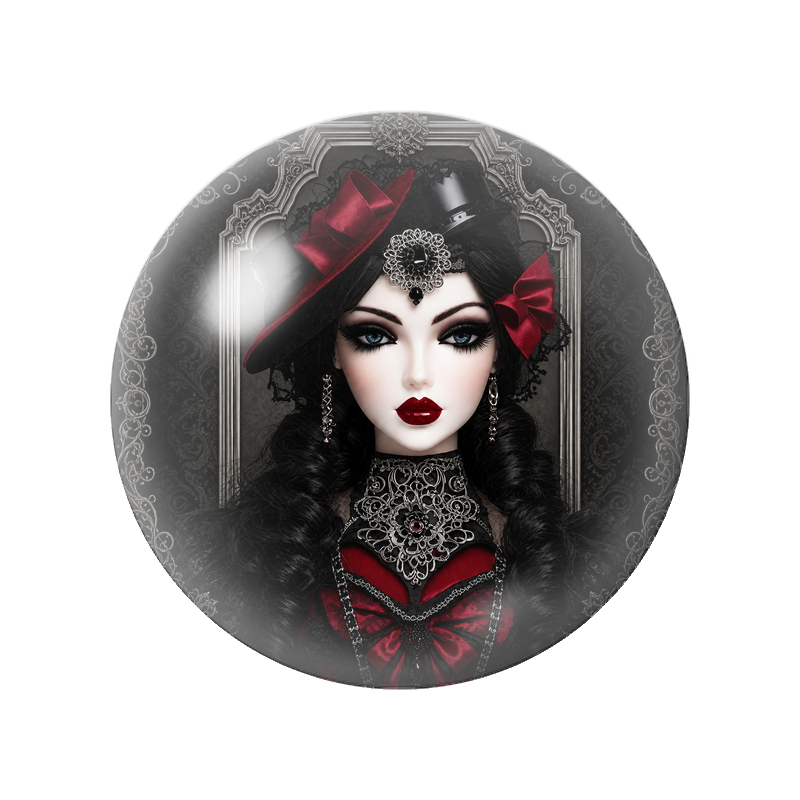 Cabochon en Verre Illustré Femme Gothique aux Nœuds Rouges 12 à 25mm