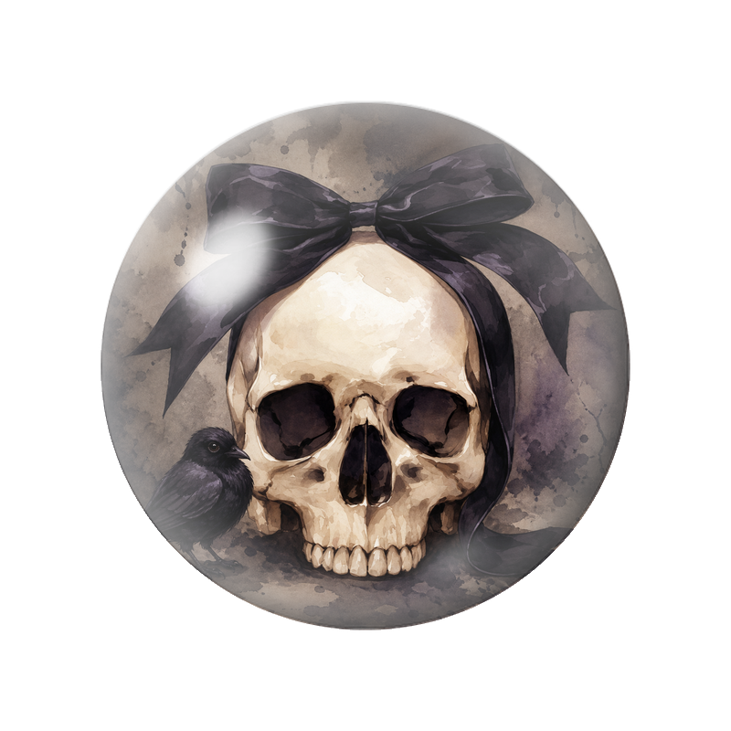 Cabochon en Verre Illustré Crâne au Nœud Noir et Corbeau 12 à 25mm