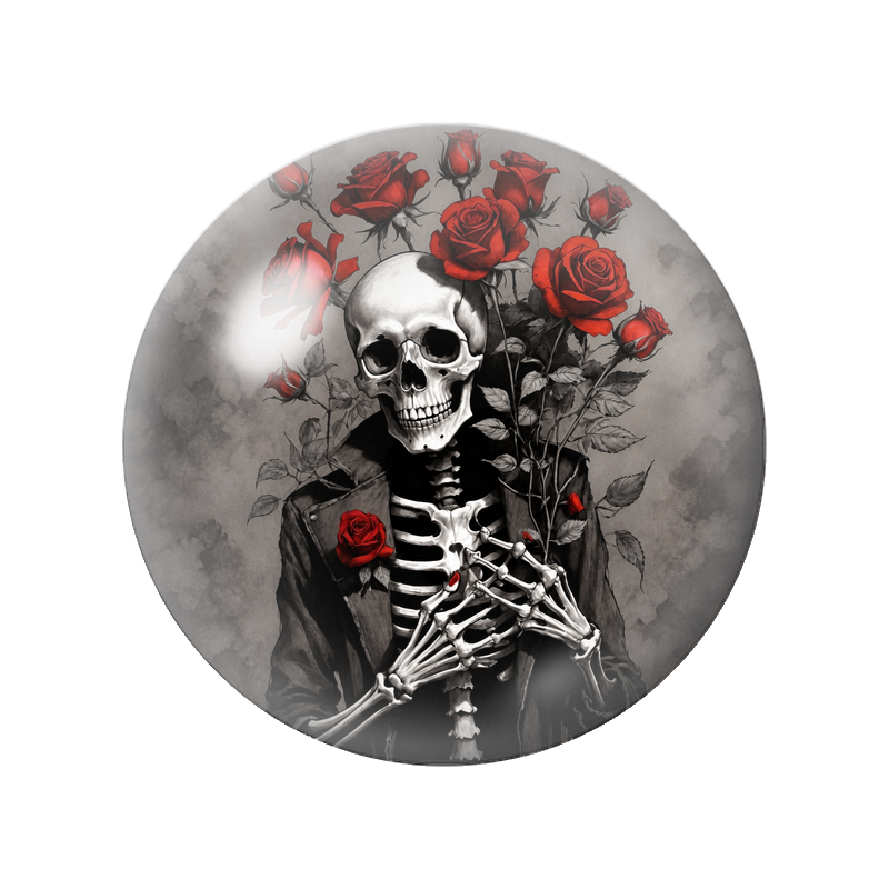 Cabochon en Verre Illustré Squelette au Manteau Noir et Roses Rouges 12 à 25mm