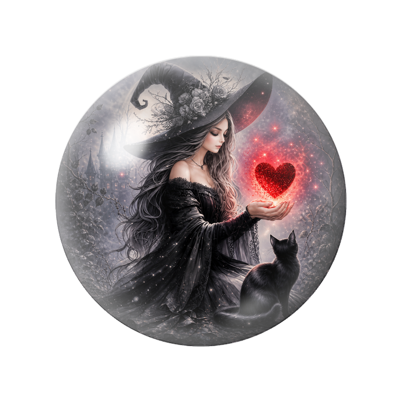 Cabochon en Verre Illustré Sorcière au Cœur Rouge Lumineux 12 à 25mm