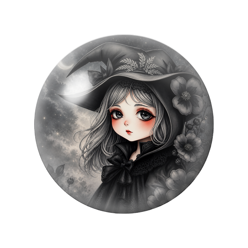 Cabochon en Verre Illustré Petite Sorcière aux Fleurs Grises 12 à 25mm