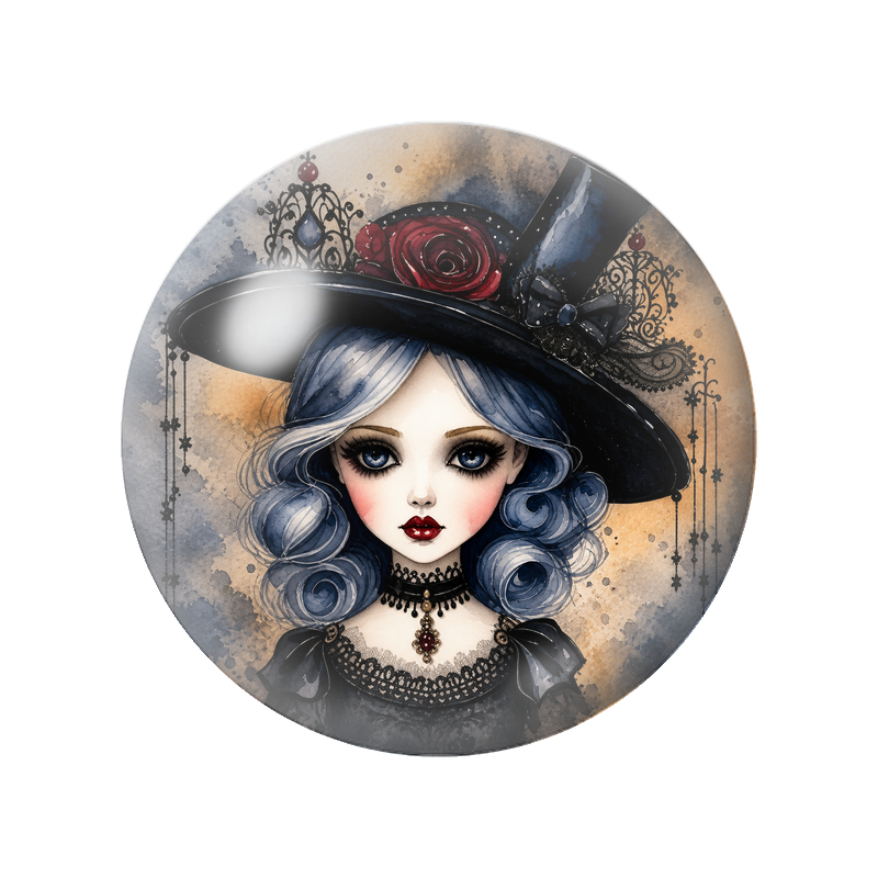 Cabochon en Verre Illustré Sorcière aux Cheveux Bleus et à la Rose Rouge 12 à 25mm