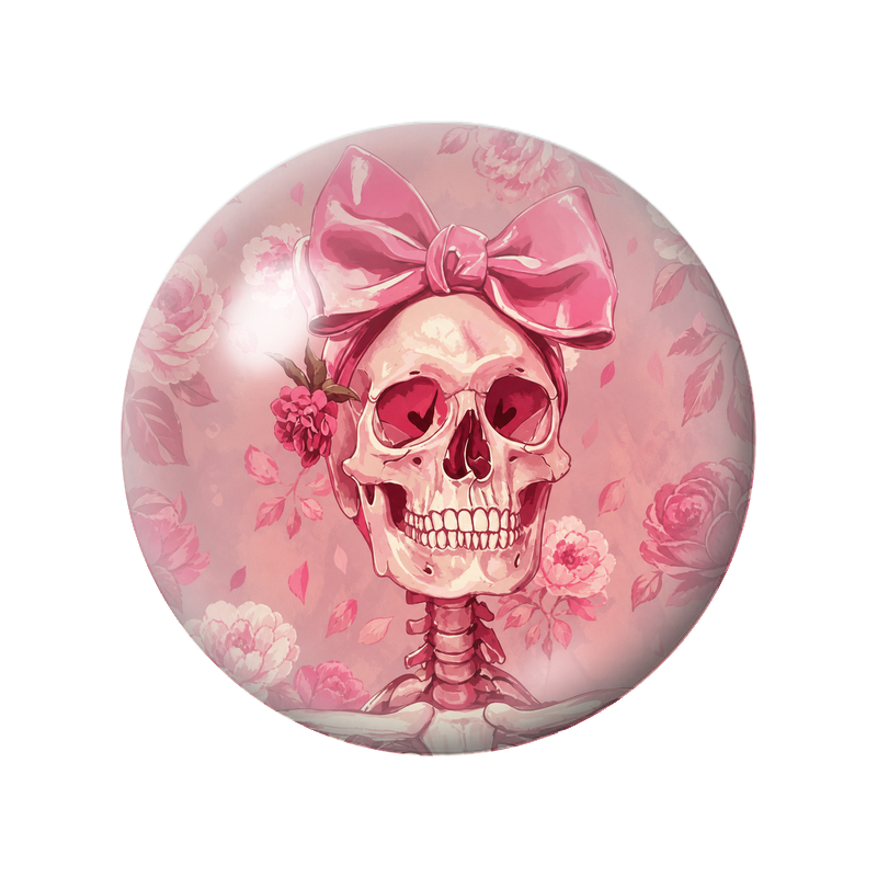 Cabochon en Verre Illustré Crâne Rose au Grand Nœud 12 à 25mm