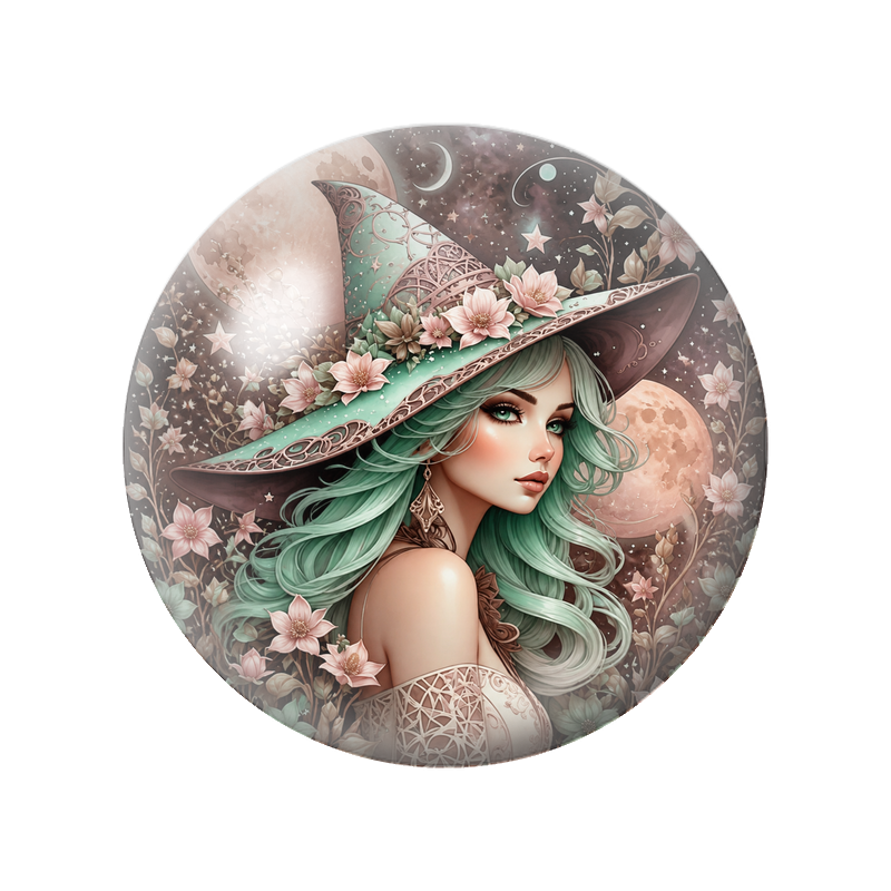 Cabochon en Verre Illustré Sorcière aux Cheveux Verts et Fleurs Roses 12 à 25mm