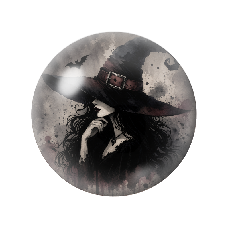 Cabochon en Verre Illustré Sorcière Mystérieuse au Grand Chapeau 12 à 25mm