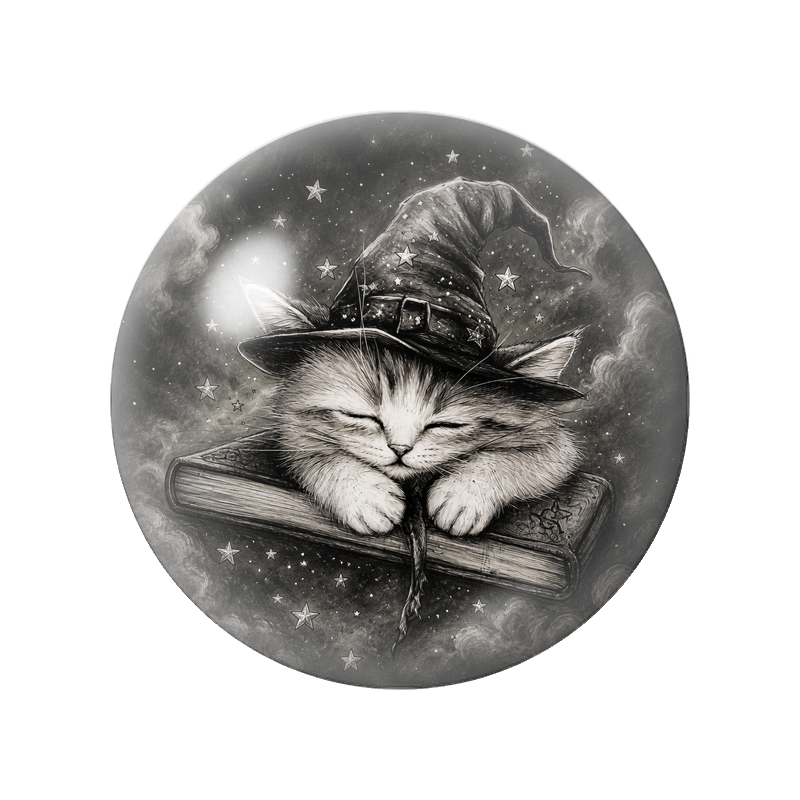 Cabochon en Verre Illustré Chat Endormi au Chapeau de Sorcière 12 à 25mm