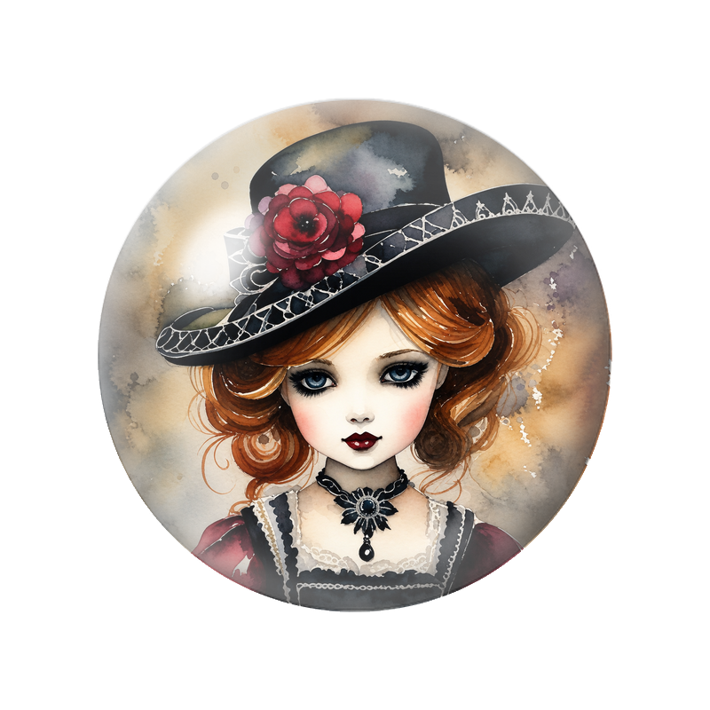 Cabochon en Verre Illustré Sorcière Rousse à la Fleur Rouge 12 à 25mm