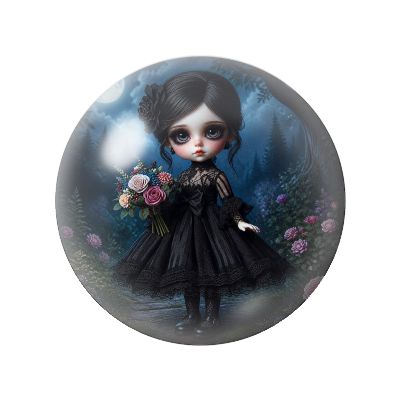 Cabochon en Verre Illustré Poupée Gothique au Bouquet de Roses 12 à 25mm