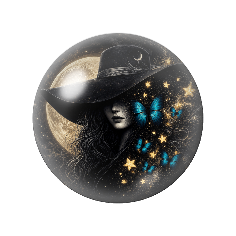 Cabochon en Verre Illustré Sorcière aux Papillons Bleus 12 à 25mm