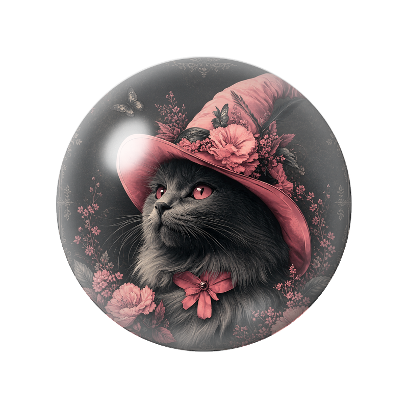 Cabochon en Verre Illustré Chat Noir au Chapeau Fleuri Rose 12 à 25mm