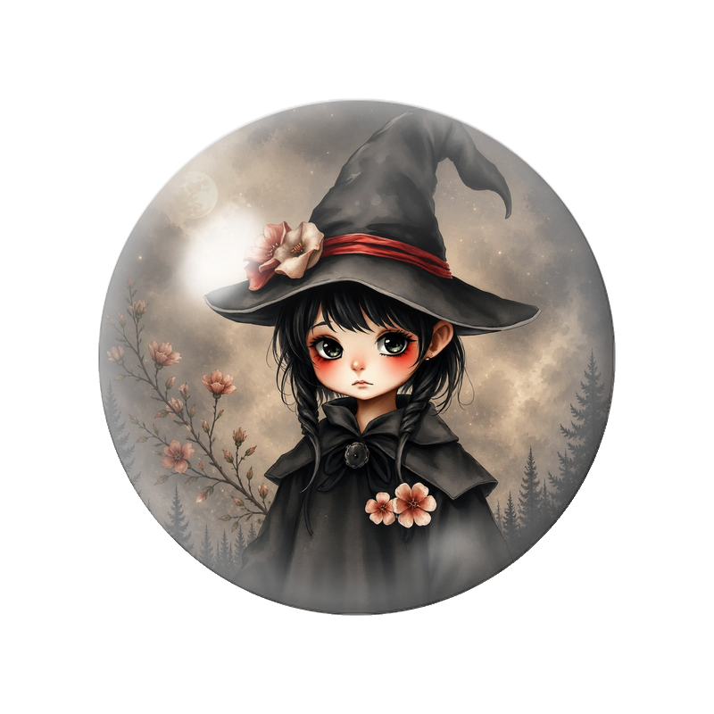 Cabochon en Verre Illustré Petite Sorcière au Chapeau Fleuri 12 à 25mm