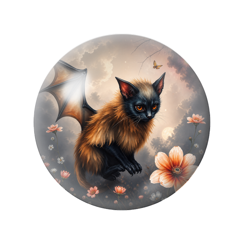 Cabochon en Verre Illustré Chat Noir aux Ailes et Fleurs Orange 12 à 25mm