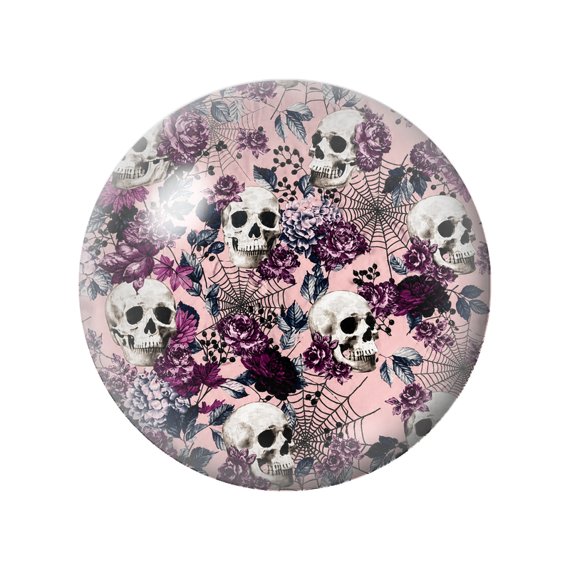 Cabochon en Verre Illustré Crânes sur Fond Fleuri Violet 12 à 25mm