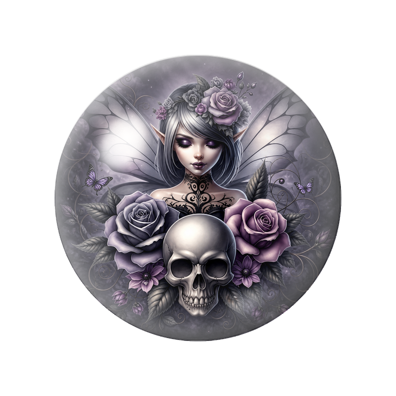 Cabochon en Verre Illustré Fée Gothique au Crâne et Roses Violettes 12 à 25mm