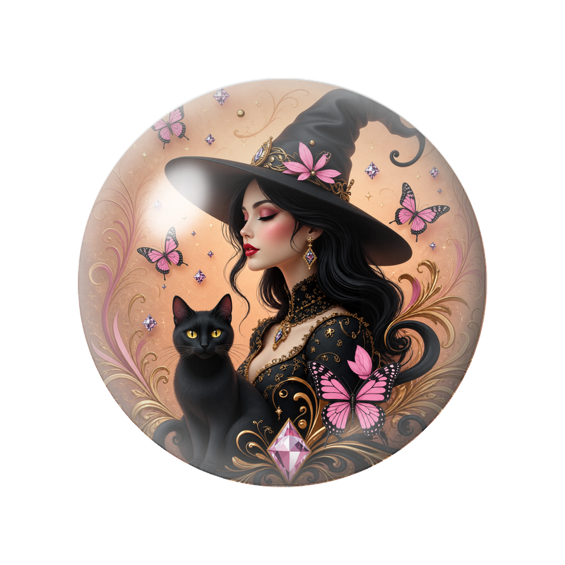 Cabochon en Verre Illustré Sorcière et Chat aux Papillons Roses 12 à 25mm