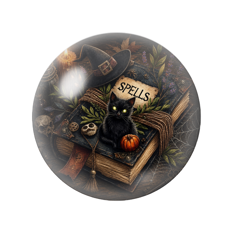 Cabochon en Verre Illustré Grimoire de Sortilèges et Chat Noir 12 à 25mm