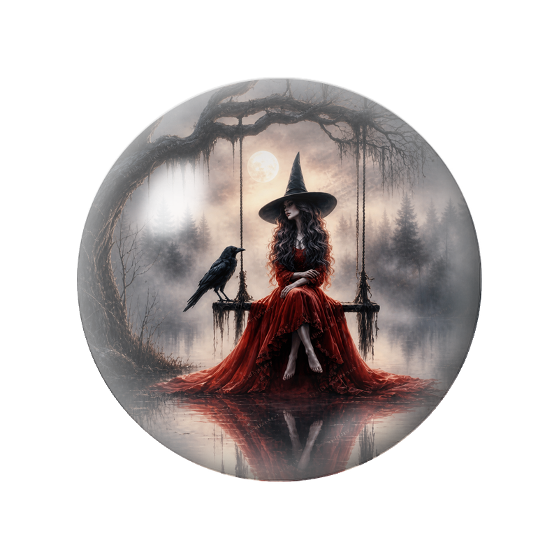 Cabochon en Verre Illustré Sorcière Rouge au Corbeau 12 à 25mm