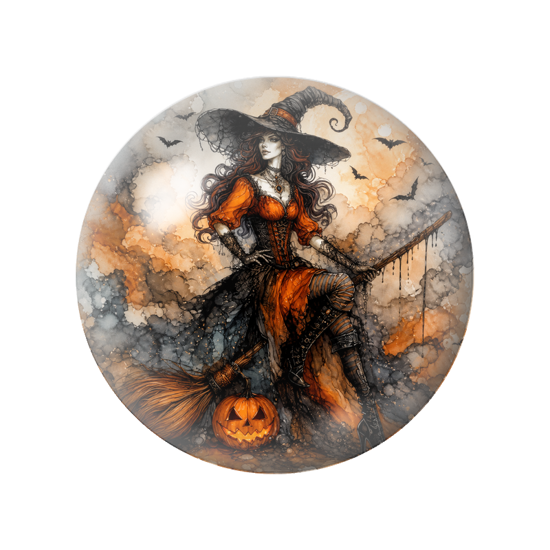 Cabochon en Verre Illustré Sorcière Orange sous les Chauves-Souris 12 à 25mm