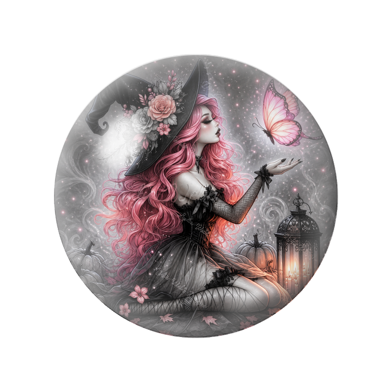 Cabochon en Verre Illustré Sorcière Rose au Papillon et à la Lanterne 12 à 25mm