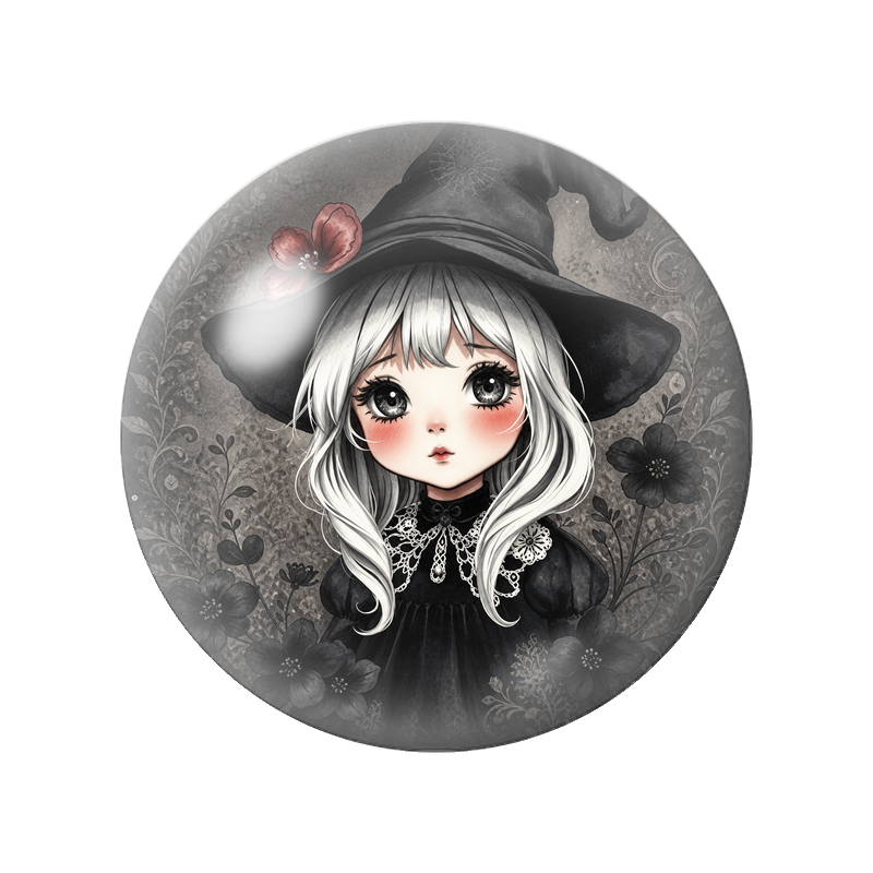 Cabochon en Verre Illustré Petite Sorcière aux Cheveux Blancs 12 à 25mm