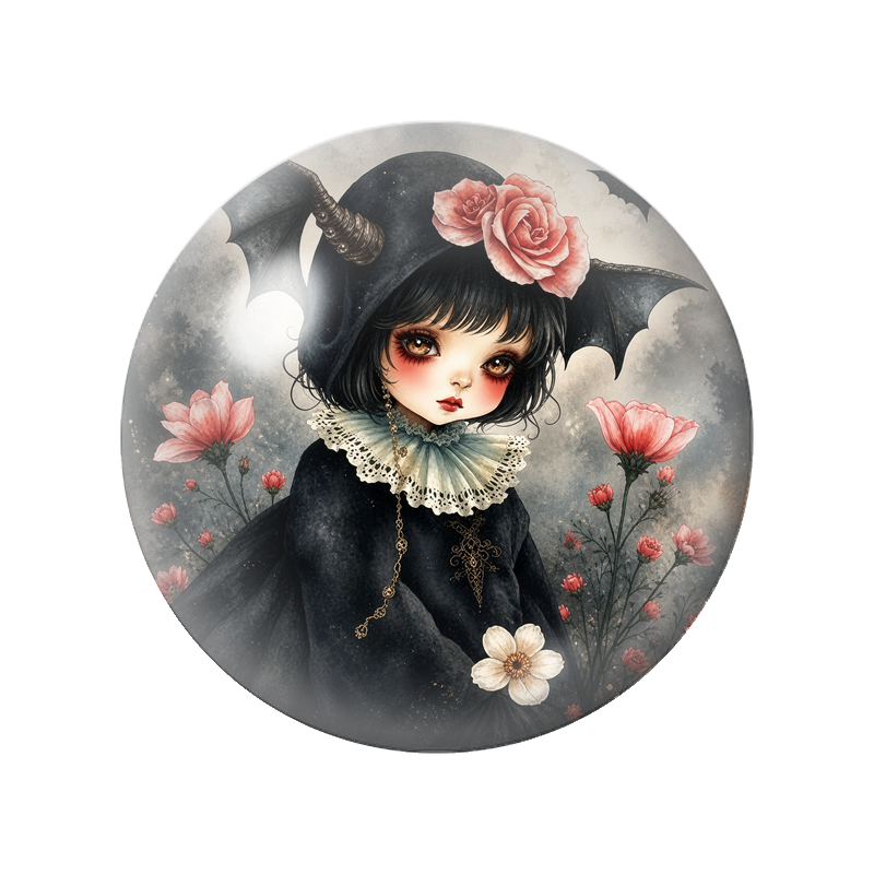 Cabochon en Verre Illustré Fillette Démon aux Fleurs Roses 12 à 25mm