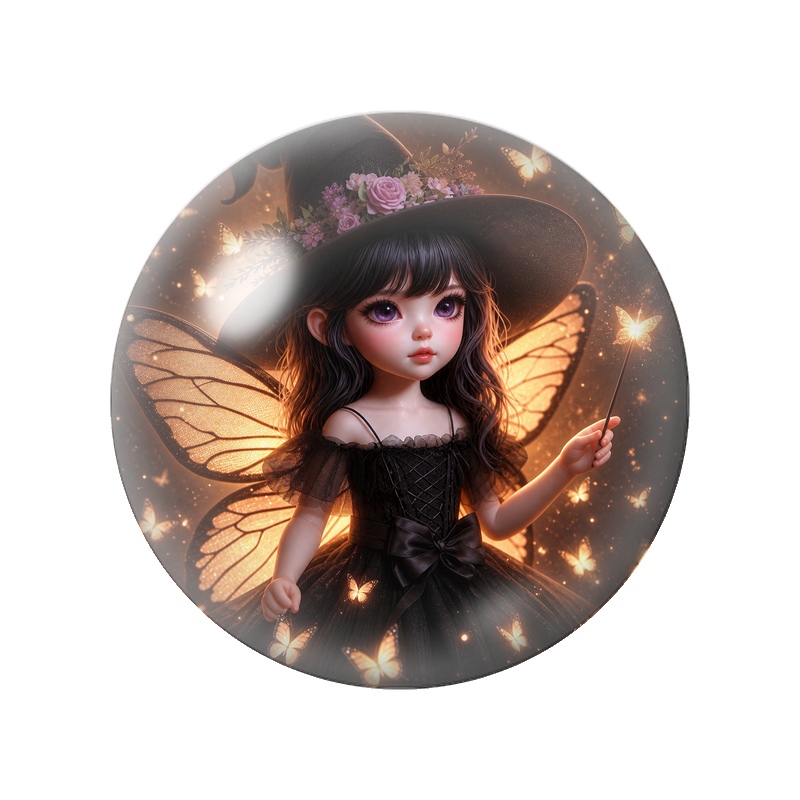 Cabochon en Verre Illustré Petite Fée Gothique aux Ailes Dorées 12 à 25mm