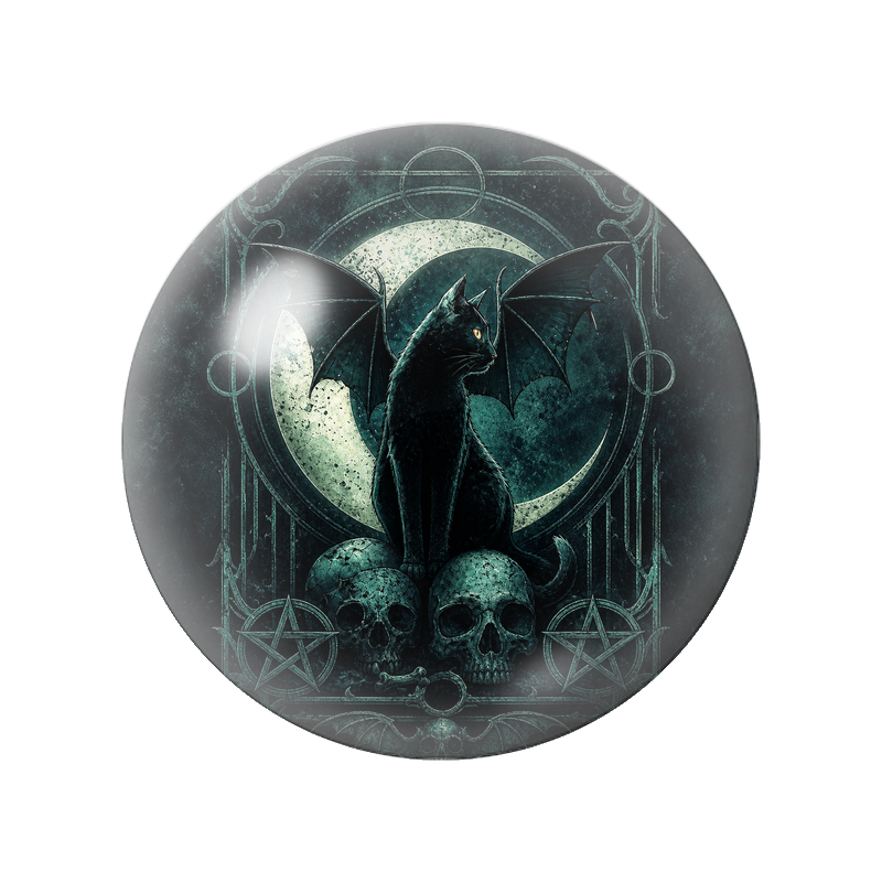Cabochon en Verre Illustré Chat Noir Ailé au Croissant de Lune 12 à 25mm