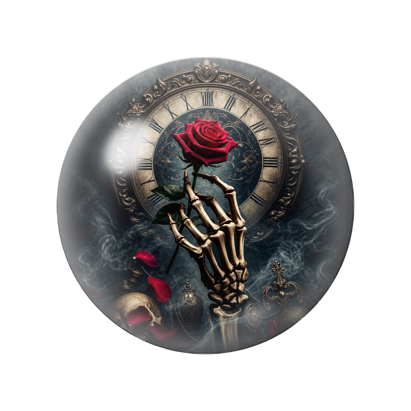 Cabochon en Verre Illustré Main Squelette tenant une Rose Rouge 12 à 25mm