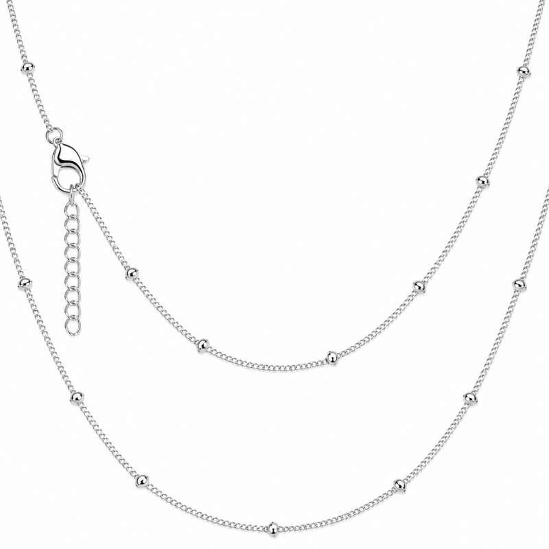 Collier Chaîne Extra Fine Argentée 1mm avec Perles en Acier Inoxydable - 45cm Long
