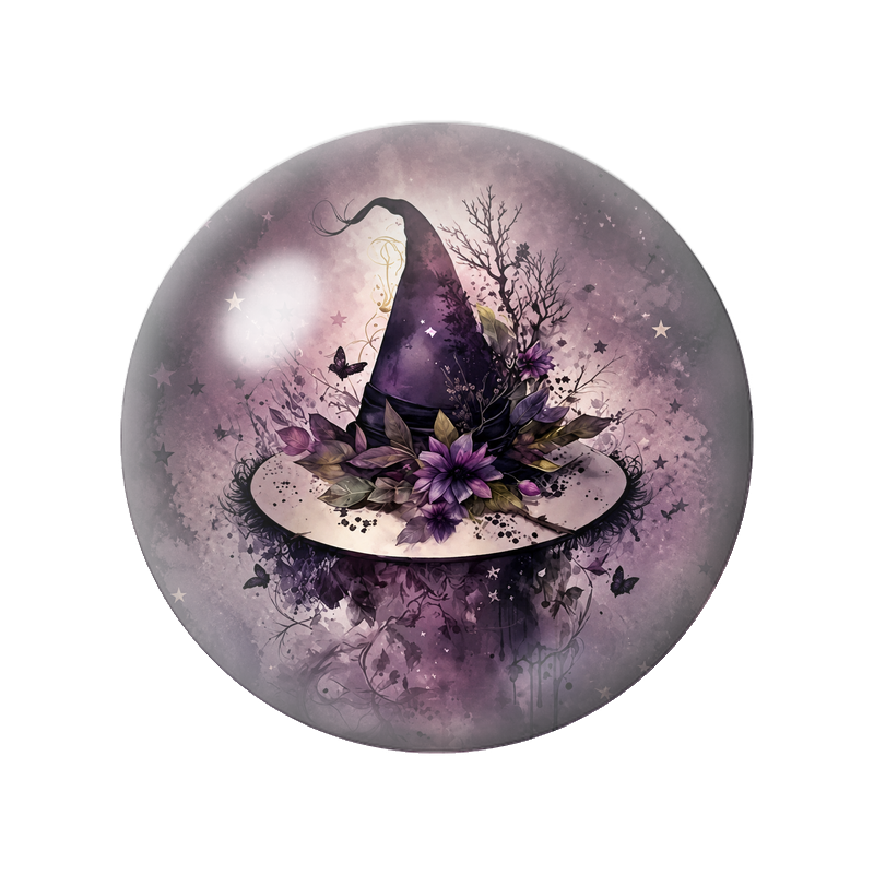 Cabochon en Verre Illustré Chapeau de Sorcière aux Fleurs Violettes 12 à 25mm