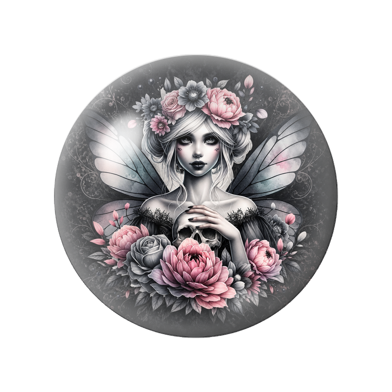 Cabochon en Verre Illustré Fée Grise au Crâne et Roses 12 à 25mm