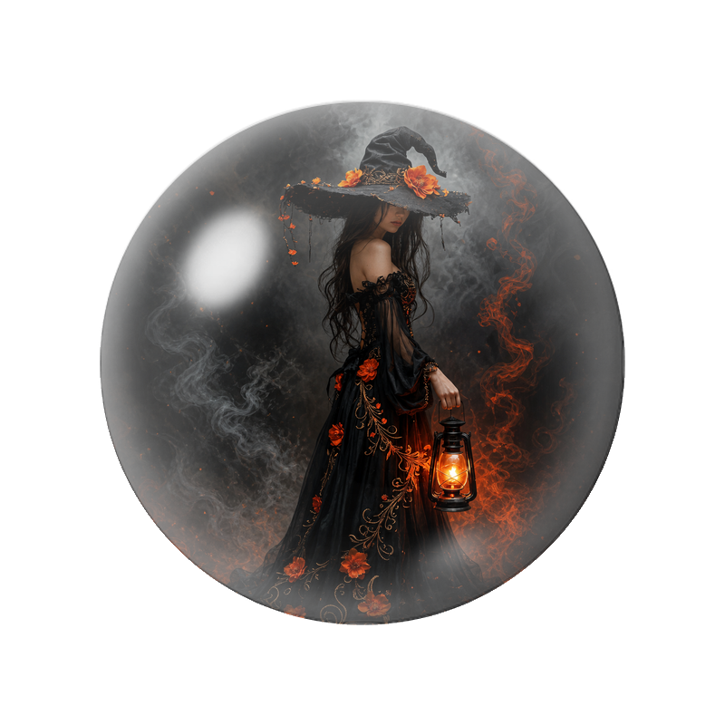 Cabochon en Verre Illustré Sorcière à la Lanterne dans la Brume 12 à 25mm