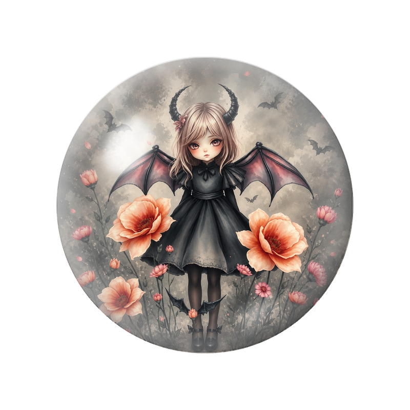 Cabochon en Verre Illustré Fillette Démon aux Fleurs Orange 12 à 25mm