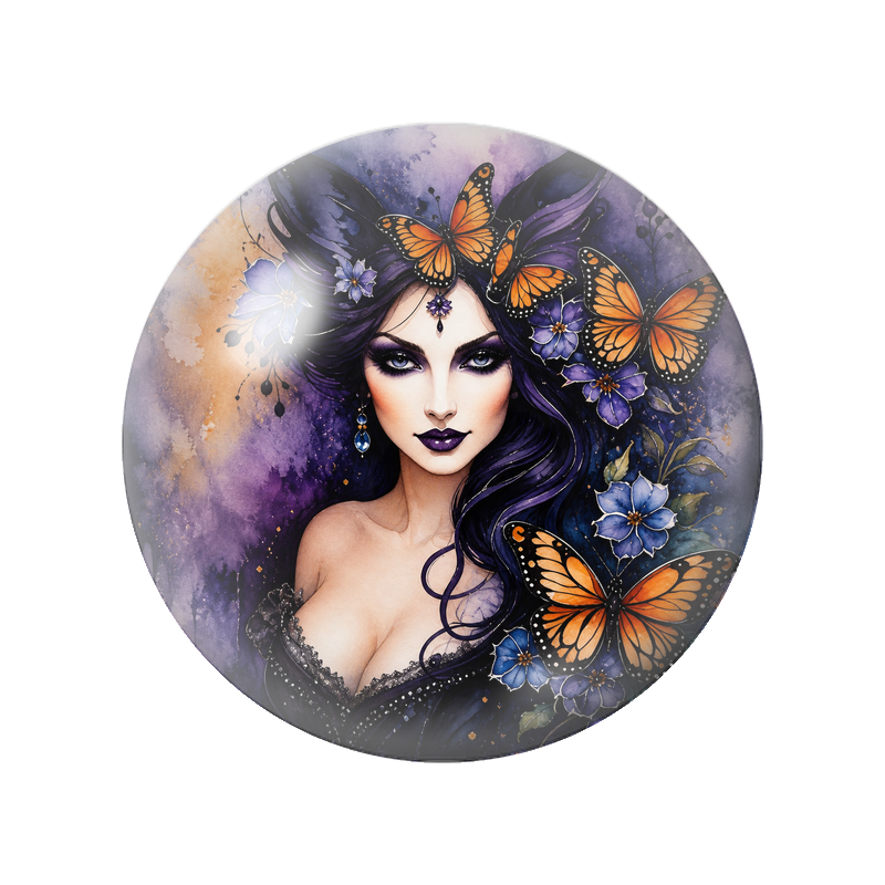 Cabochon en Verre Illustré Femme Gothique aux Papillons Orange 12 à 25mm