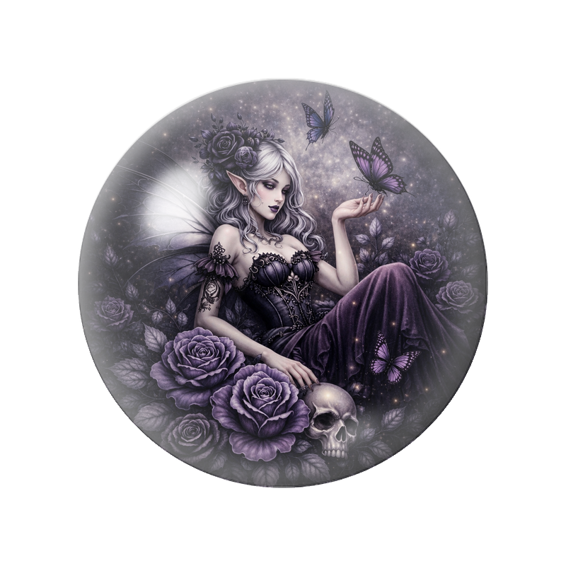 Cabochon en Verre Illustré Fée Gothique Assise aux Roses Violettes 12 à 25mm