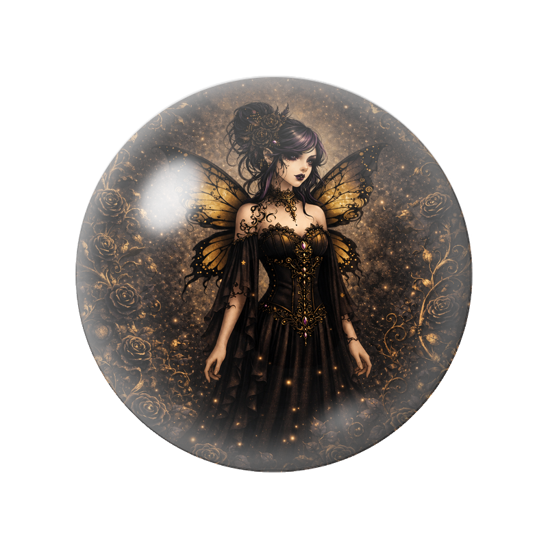 Cabochon en Verre Illustré Fée Noire aux Éclats Dorés 12 à 25mm
