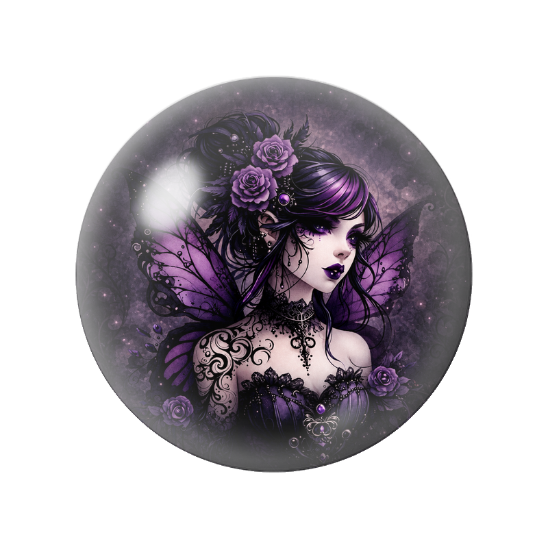 Cabochon en Verre Illustré Portrait de Fée aux Roses Violettes 12 à 25mm
