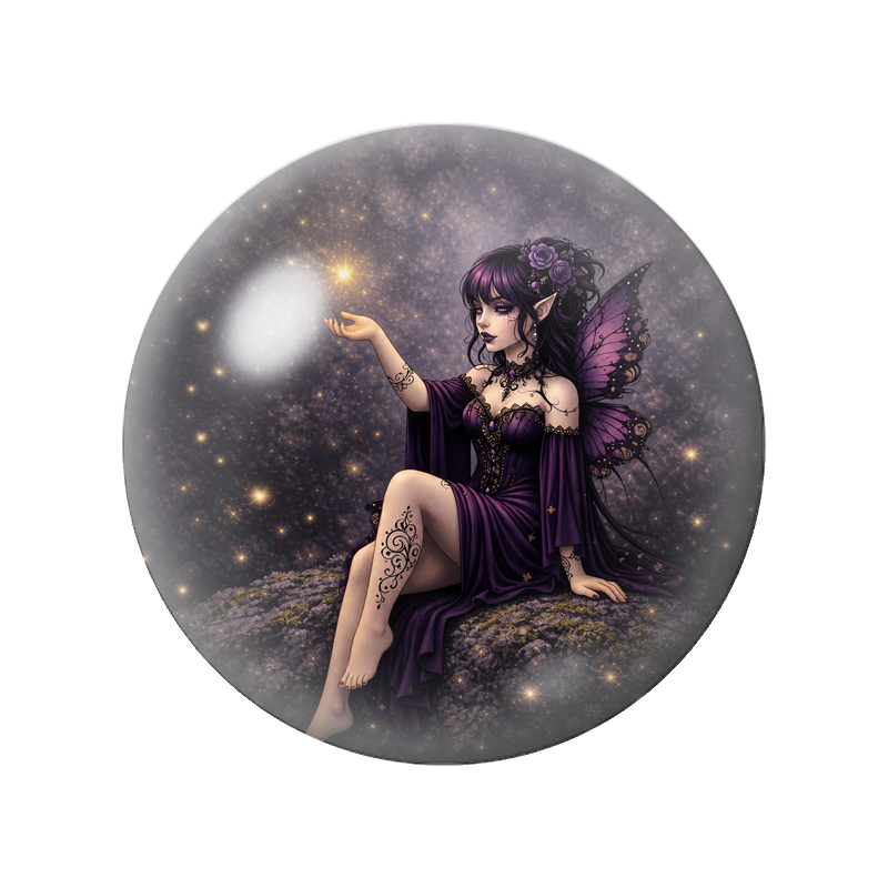 Cabochon en Verre Illustré Fée Violette Assise sous les Étoiles 12 à 25mm
