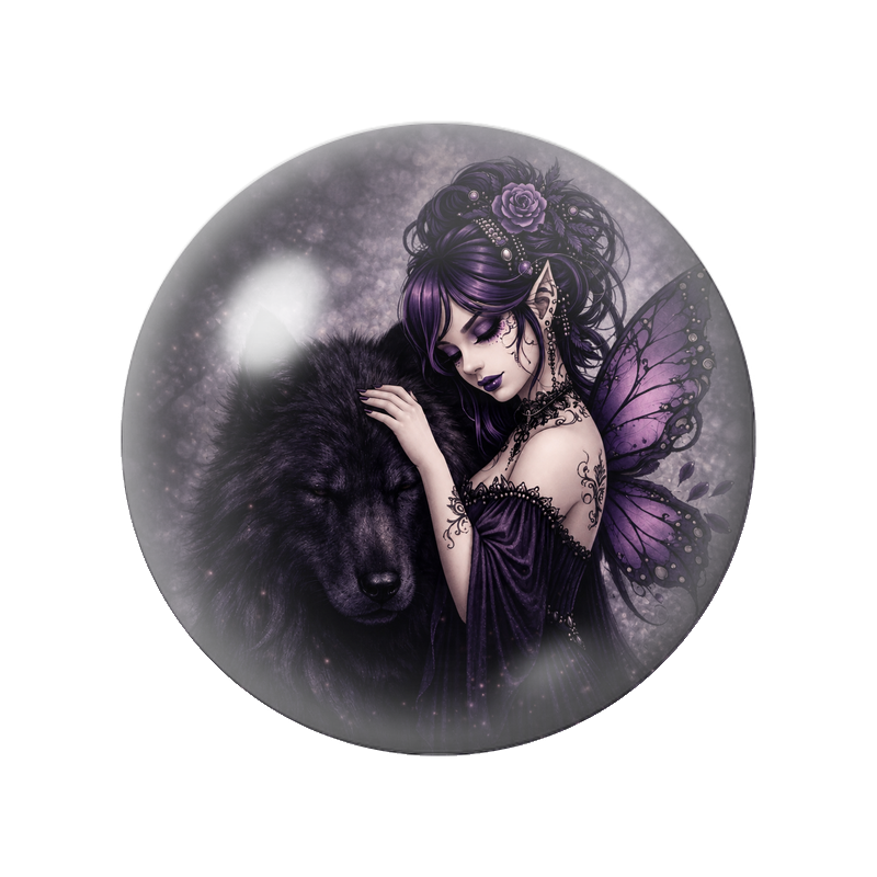 Cabochon en Verre Illustré Fée Violette au Loup Noir 12 à 25mm