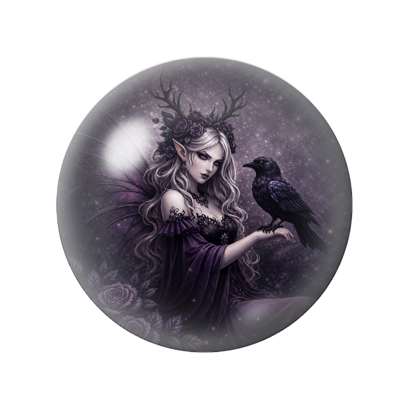 Cabochon en Verre Illustré Fée Argentée au Corbeau 12 à 25mm