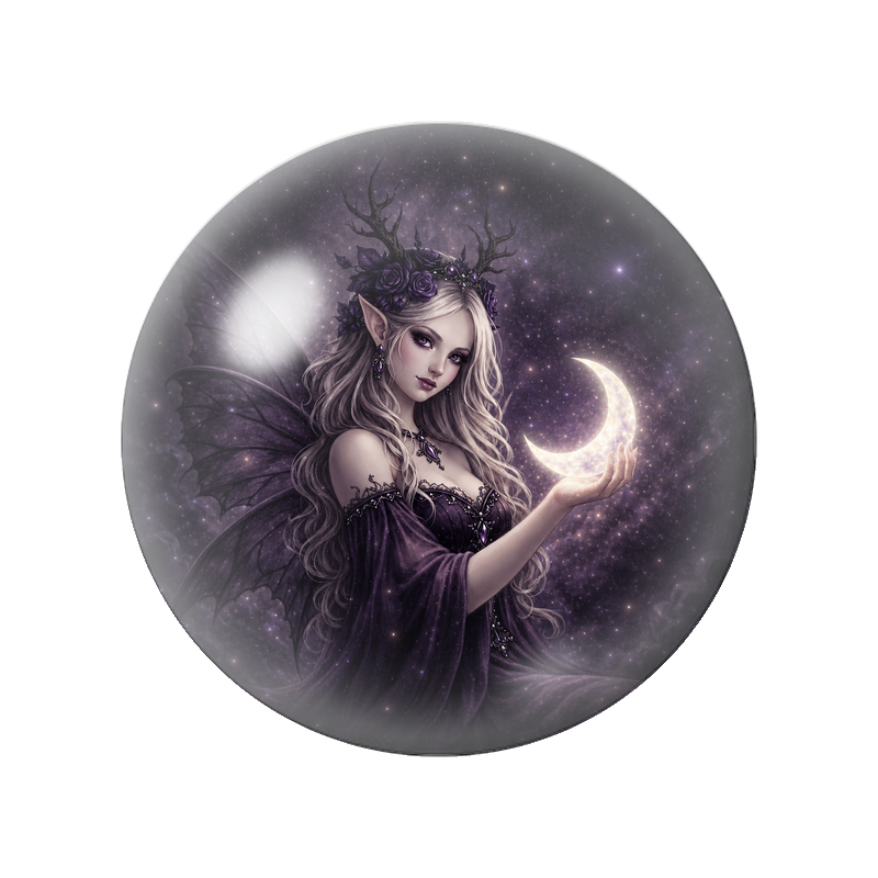 Cabochon en Verre Illustré Fée tenant un Croissant de Lune 12 à 25mm